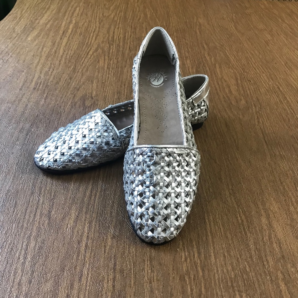 HUDSON SHOES SILVER WOVEN METALLIC FLATS
